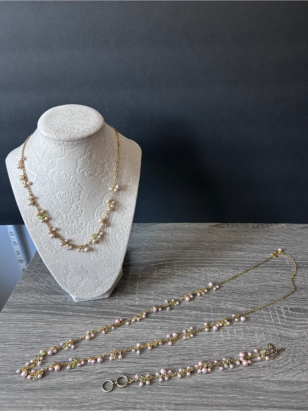 Gold Chain Necklace and Bracelet Set with Pink and Light Green Beads